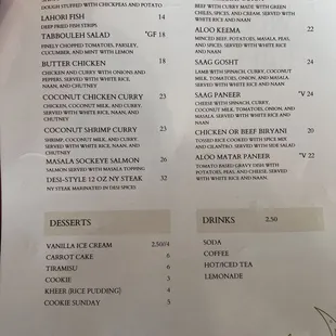 Updated Indian menu