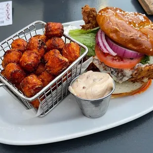 Buffalo chicken sandwich with sweet potato tots