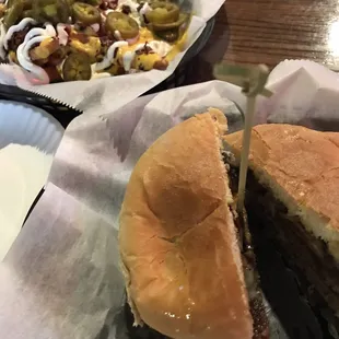 Mushroom Swiss burger, jalapeño fries.