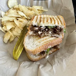 Steak Panini, Chips, with a Dill Pickle!