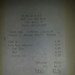 Very reasonable price - $3.29 for the kid's combo, which includes a small hamburger, fries or tator tots, and drink. Cannot beat the prices.