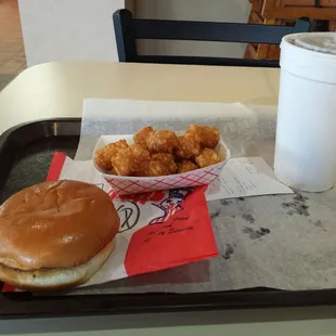Kid's combo, which includes a small hamburger, fries or tator tots, and drink for $3.29 before taxes. Cannot beat those prices.