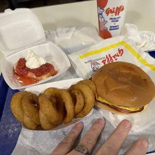 Single Burger, onion rings, shortcake.