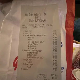 My order receipt showing my MISSING FRIES!