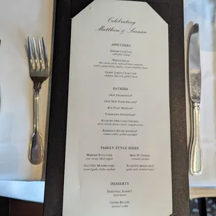 Private dinning menu