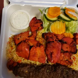 Chicken Tikka with beef combo kebab plate. $14