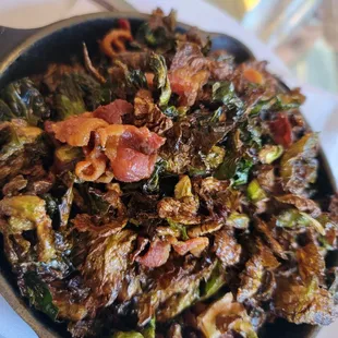 a skillet of cooked vegetables