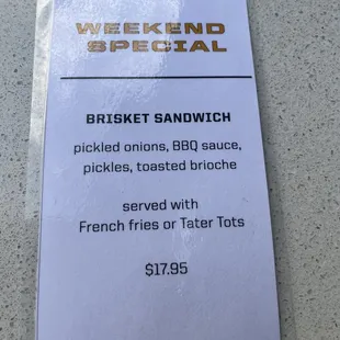 the menu for the weekend special