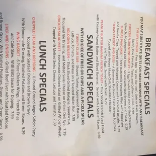 Specials menu