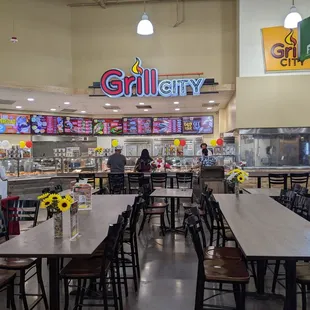 Communal dining and Grill City sign