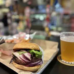  burger and a glass of beer