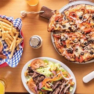 Bacon Cheeseburger, Steak Salad, Build Your Own Pizza