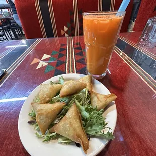 Samosa + Orange, Carrot &amp; Apple Juice