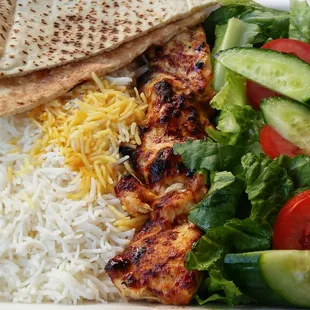 Chicken kabob with basmati rice and salad. Im glad i decided to eat here. It was really good.