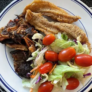 Catfish and pork rib tips with my own salad