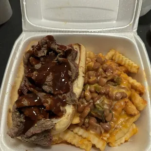 Tri Tri-Tip Sandwich and chili cheese fries