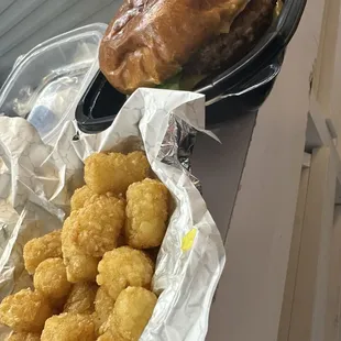 Vegan burger (double) and tater tots