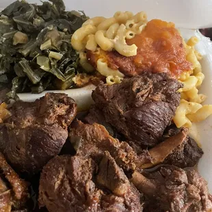 Stew chicken, Mac and cheese and collard greens