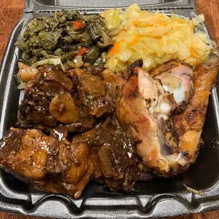 a meal in a styrofoam container