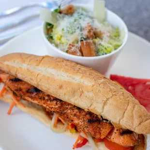 Salmon bahn mi with Caesar salad
