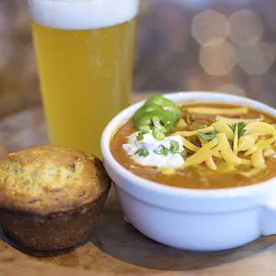 Buffalo chili with cowboy cornbread and a craft beer