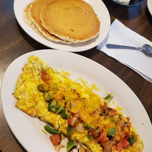 Western omelet with pancakes