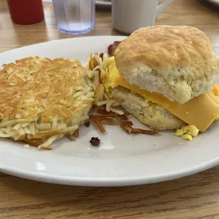 Bacon egg and cheese biscuit with side of hasbrowns