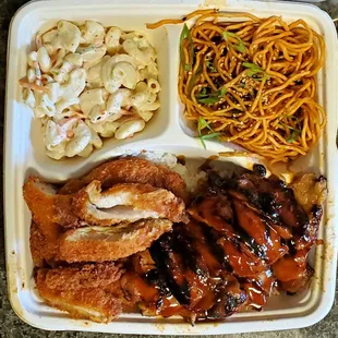 Chicken katsu, chicken teriyaki, mac salad and chili garlic noodles