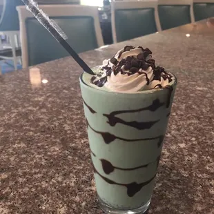 Our boozy Grasshopper milkshake taste just like a Thin Mint!
