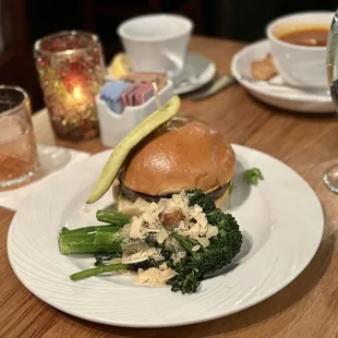 Waygu burger and Garlic Parmesan Broccolini