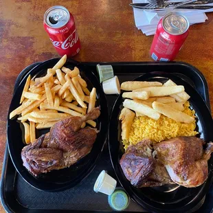2 lunch specials - half chicken with double fries and half chicken with rice and yuca.