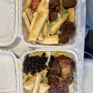 Chicharones Platter and Chicken with rice and beans plus Yuca Fritas