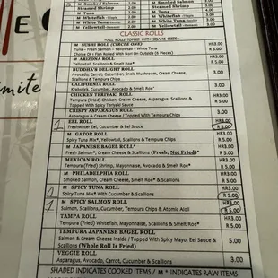 Sushi, nigiri and sashimi menu.