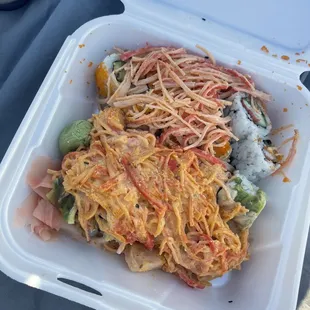 Volcano roll and California roll with added crab on top.