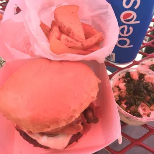 Jalapeño BBQ burger with wedges and sour cream chive dip