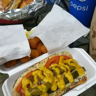 Chicago syle hot dog with cheese curds. Amazing!