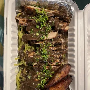 Garlic Herb Noodles and jerk chicken