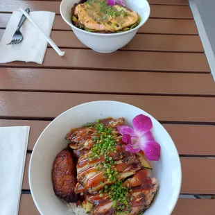 Chicken bowl and salmon bowl.