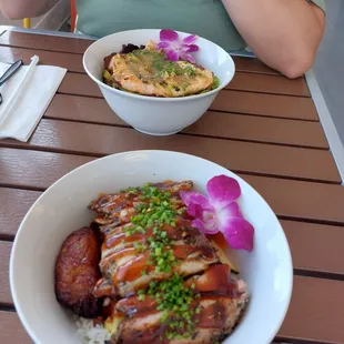 Chicken bowl and salmon bowl.