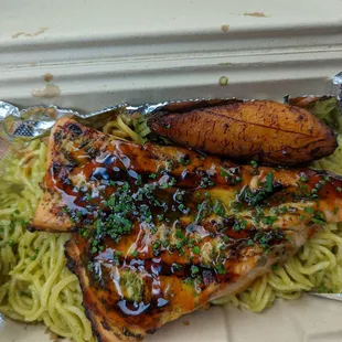 Garlic noodles and teriyaki salmon: good but portion is small and it's expensive