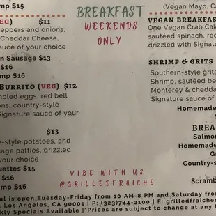 Breakfast menu