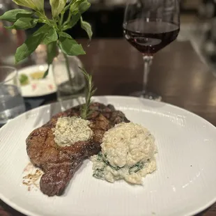 Boneless Ribeye, spinach risotto, Complicated Pinot Nior