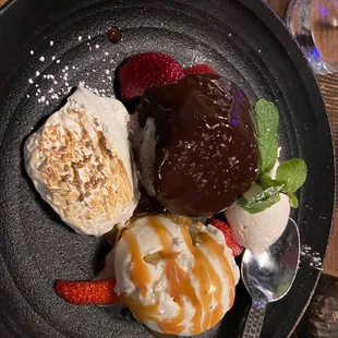 Warm chocolate cake with a scoop of vanilla bean ice cream