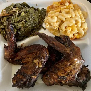 3 wing dinner (Jerk wings, Mac and cheese, and collard greens)