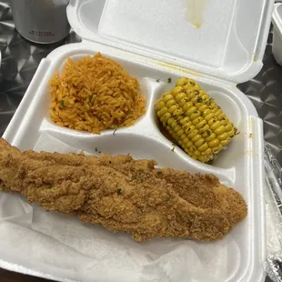 Fried fish, seafood rice, and garlic corn
