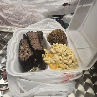 Beef ribs, mac n cheese and dirty rice (with turkey - no pork)