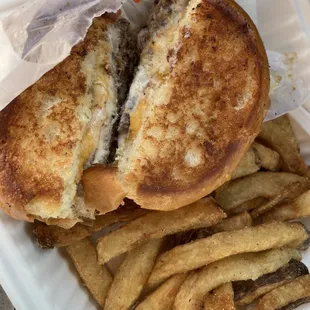 Grown Up Grilled Cheese with Patty.  BEST fries