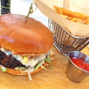 Black bean burger with fries