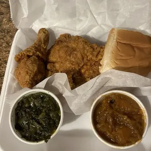 Chicken dinner box w/ yams and greens