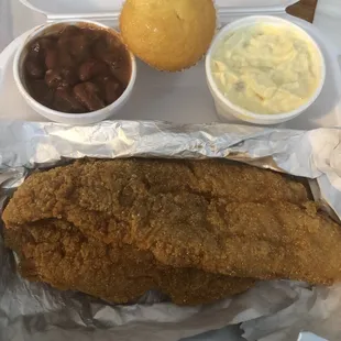 2 Piece Boneless Catfish Dinner with Red Beans &amp; Rice, Cornbread muffin, and Potato Salad.